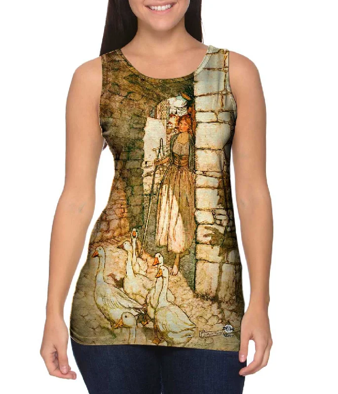 Women's Longline Tank Tops with Abstract PrintsArthur Rackham - "Geese Shepherd" (1911) Women's Longline Tank Tops with Abstract PrintsArthur Rackham - "Geese Shepherd" (1911)