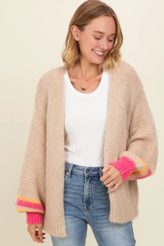 Turtleneck Women Long Sleeve Top for Cold Winter DaysBeige Brushed Knit Striped Sleeve Cardigan Turtleneck Women Long Sleeve Top for Cold Winter DaysBeige Brushed Knit Striped Sleeve Cardigan