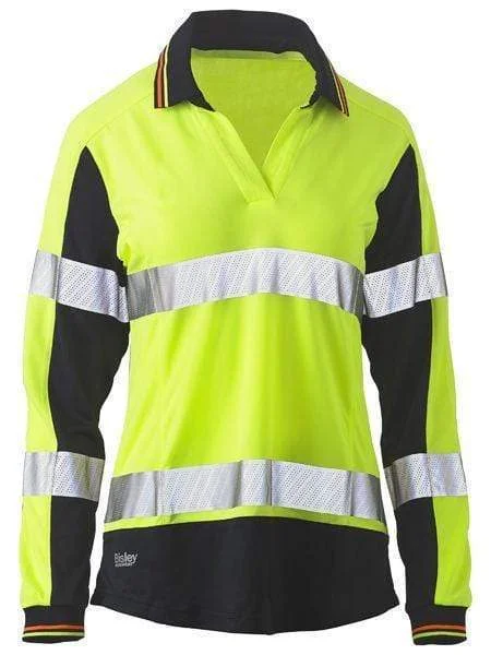 Hand - wash only polo shirt with delicate embroideryBisley Women's Long Sleeve Taped Two Tone Hi Vis V-neck Polo Shirt BKL6225T Hand - wash only polo shirt with delicate embroideryBisley Women's Long Sleeve Taped Two Tone Hi Vis V-neck Polo Shirt BKL6225T