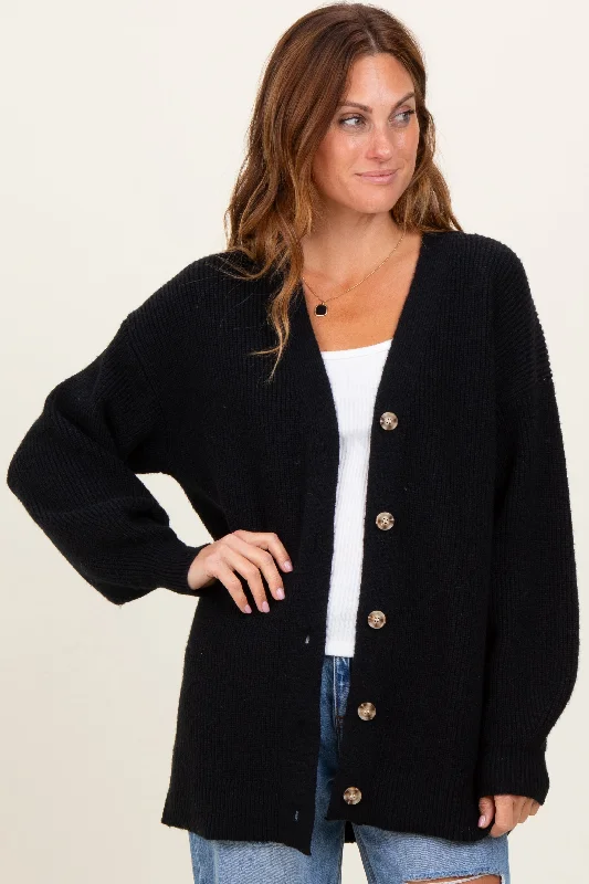 Puffer - Sleeve Women Long Sleeve Top for a Fashion - Forward LookBlack Knit Oversized Button Down V-Neck Cardigan Puffer - Sleeve Women Long Sleeve Top for a Fashion - Forward LookBlack Knit Oversized Button Down V-Neck Cardigan
