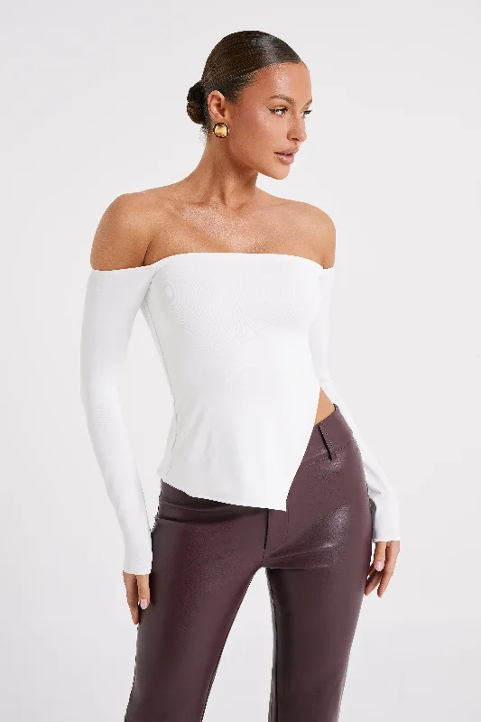 Organic Cotton Women Long Sleeve Top for Eco - Friendly ComfortCarmen Recycled Nylon Off Shoulder Top - White Organic Cotton Women Long Sleeve Top for Eco - Friendly ComfortCarmen Recycled Nylon Off Shoulder Top - White