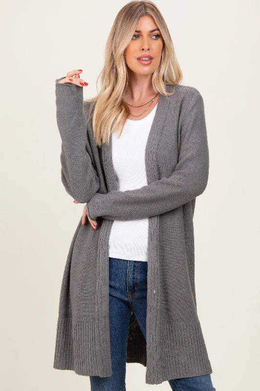 Pocket - Equipped Women Long Sleeve Top for Added FunctionalityCharcoal Contrast Rib Long Open Cardigan Pocket - Equipped Women Long Sleeve Top for Added FunctionalityCharcoal Contrast Rib Long Open Cardigan
