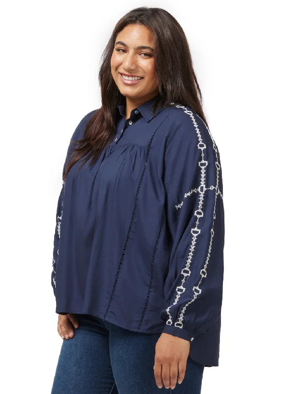 Pocket - Equipped Women Long Sleeve Top for Added FunctionalityBit and Rein Embroidered Blouse Pocket - Equipped Women Long Sleeve Top for Added FunctionalityBit and Rein Embroidered Blouse