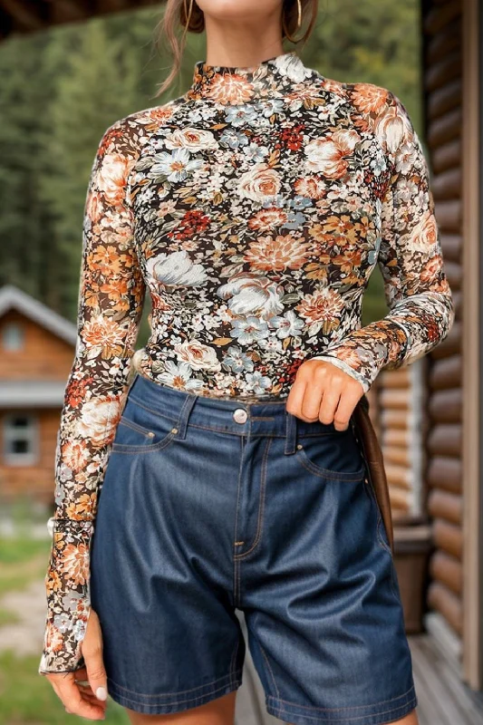 Organic Cotton Women Long Sleeve Top for Eco - Friendly ComfortFloral Mock Neck Long Sleeve Top Organic Cotton Women Long Sleeve Top for Eco - Friendly ComfortFloral Mock Neck Long Sleeve Top