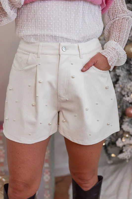 Patterned Geometric Women Shorts for a Modern AppealLeather And Pearls Cream Shorts