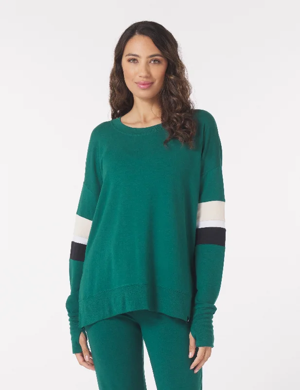 Striped Women Long Sleeve Top in a Timeless PatternLounge Long Sleeve: Emerald with Oatmilk/White/Black Stripes Striped Women Long Sleeve Top in a Timeless PatternLounge Long Sleeve: Emerald with Oatmilk/White/Black Stripes