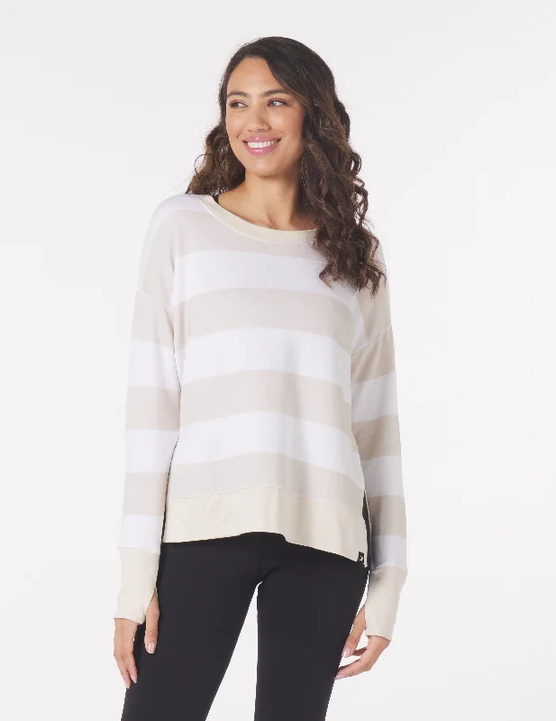 Button - Down Women Long Sleeve Top for a Classic StyleLounge Long Sleeve: Oatmilk/White Bold Stripes Button - Down Women Long Sleeve Top for a Classic StyleLounge Long Sleeve: Oatmilk/White Bold Stripes