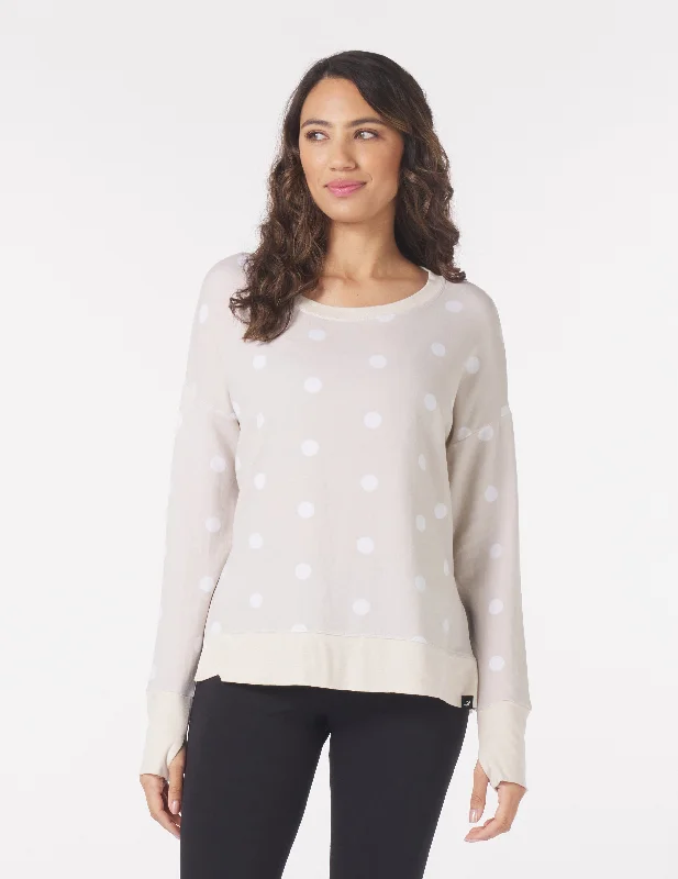 Lightweight Women Long Sleeve Top for Spring and AutumnLounge Long Sleeve: Oatmilk/White Polka Dots Lightweight Women Long Sleeve Top for Spring and AutumnLounge Long Sleeve: Oatmilk/White Polka Dots