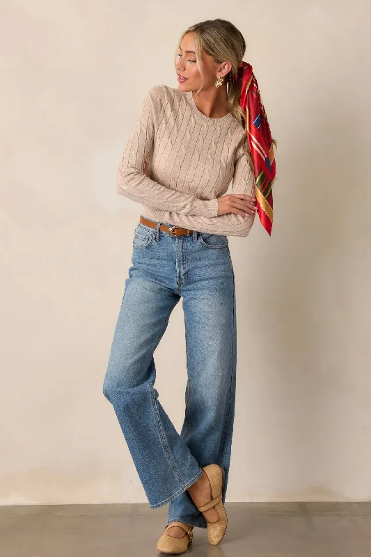 Button - Down Women Long Sleeve Top for a Classic StyleSoftly Spoken Beige Cable Knit Sweater