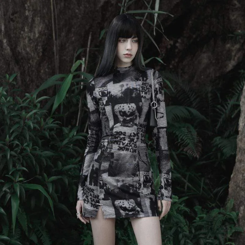 Wrap - Style Women Long Sleeve Top for a Versatile FitWomen's Grunge Shadowy Printed Side Slit Dress Wrap - Style Women Long Sleeve Top for a Versatile FitWomen's Grunge Shadowy Printed Side Slit Dress