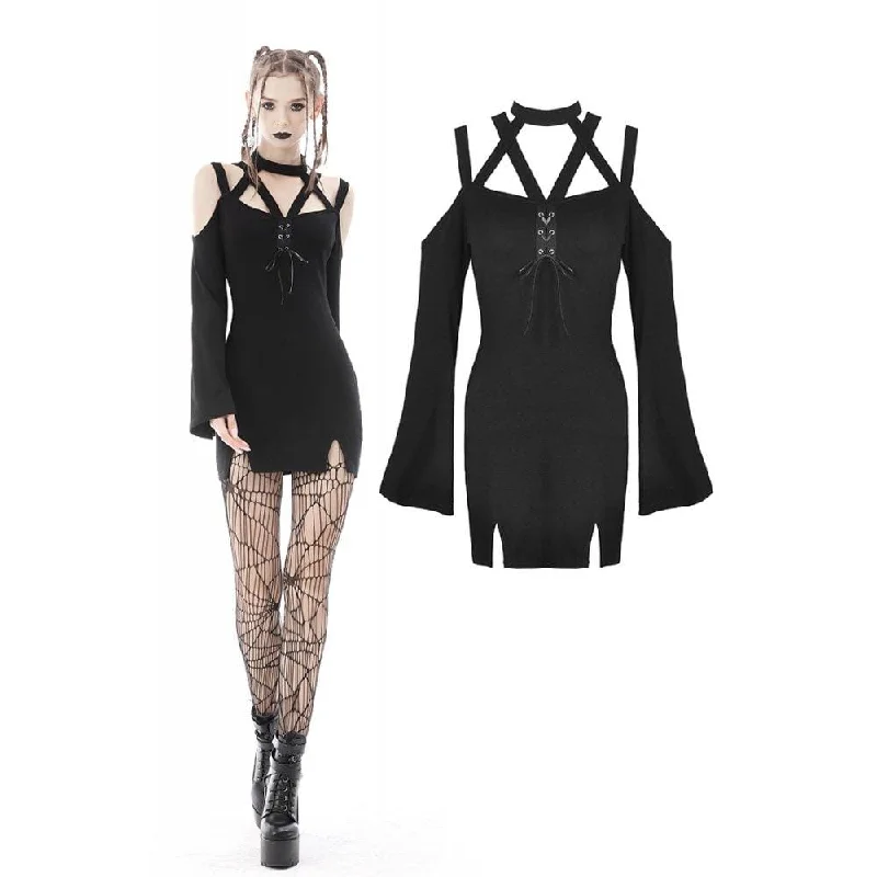 Lace - Trimmed Women Long Sleeve Top for an Elegant LookWomen's Punk Strappy Off Shoulder Slit Dress Lace - Trimmed Women Long Sleeve Top for an Elegant LookWomen's Punk Strappy Off Shoulder Slit Dress