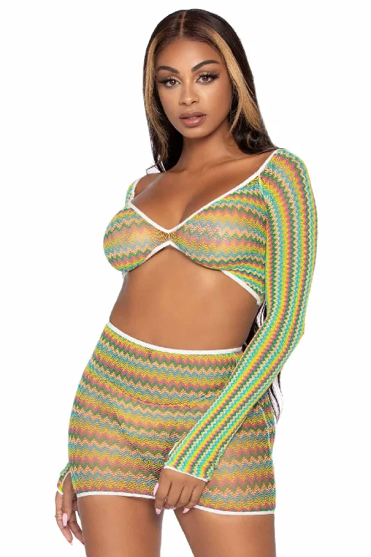 2 Piece Zigzag Net Gauntlet Sleeve Crop Top & Mini Skirt Set