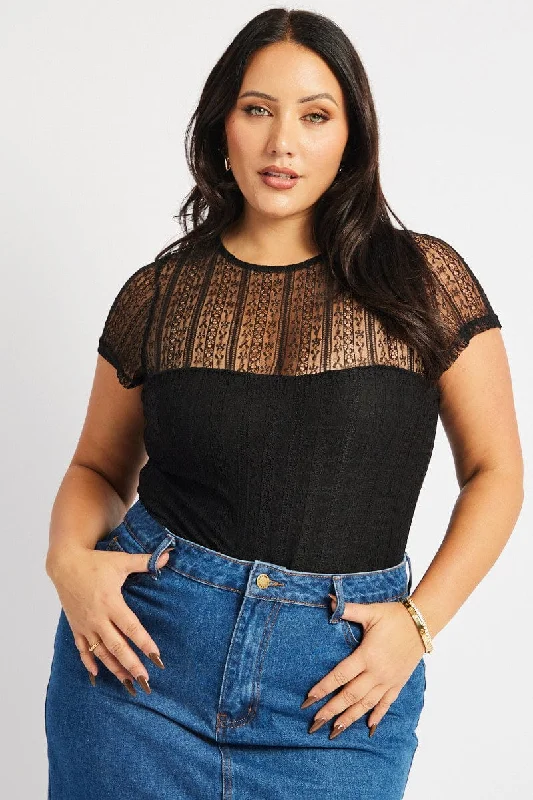 Black Bodysuit Short Sleeve Crew Neck Lace