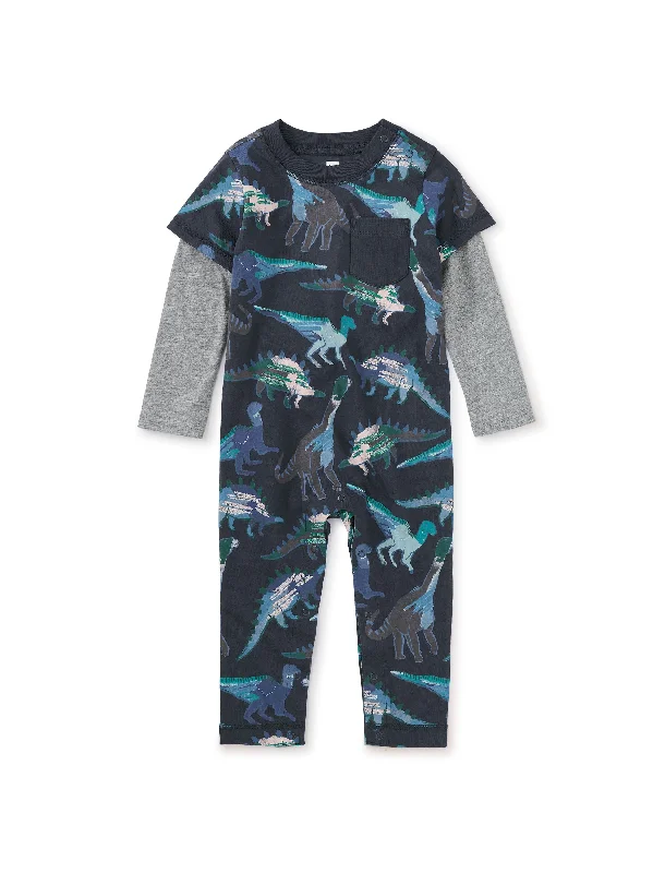 Layered Sleeve Romper - Watercolor Dinosaurs