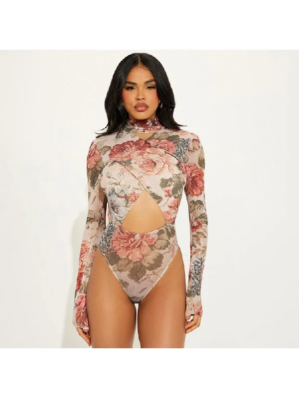 Floral Hollow-out Wrap Fitted Bodysuits