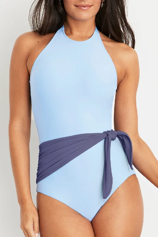 Genevieve High Halter Neck Sash Tie One-Piece Swimsuit