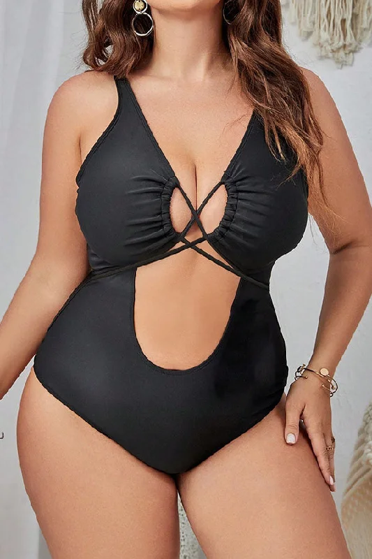 Plus Size Black Solid Color Lace Up Cut Out One Piece Swimsuit