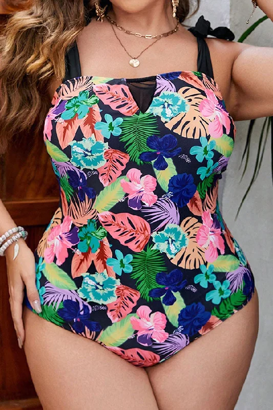 Plus Size Leaves Floral Print Wide Strap One Piece Swimsuit