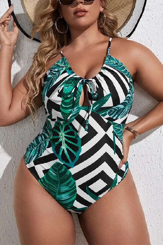 Plus Size Leaves & Stripe Tummy Control One Piece Swimsuit