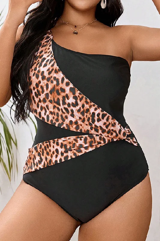 Plus Size Leopard One Shoulder One Piece Swimsuit