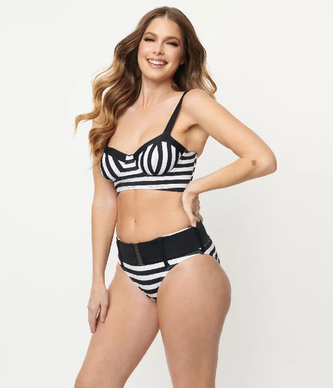 Unique Vintage Black & White Stripe Marlene Crop Swim Top